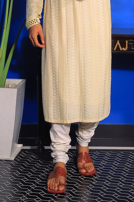 Yajy By Aditya Jain_Yellow Silk, Cotton Mirrors Embroidered Kurta And Churidar Set _Online_at_Aza_Fashions