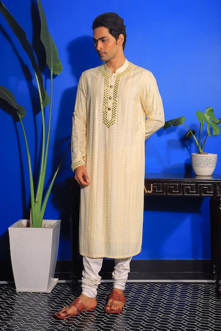 Buy_Yajy By Aditya Jain_Yellow Silk, Cotton Mirrors Embroidered Kurta And Churidar Set _Online_at_Aza_Fashions