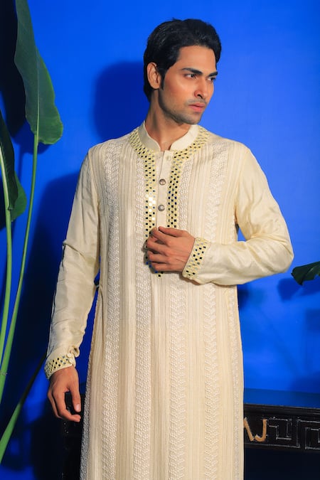 Shop_Yajy By Aditya Jain_Yellow Silk, Cotton Mirrors Embroidered Kurta And Churidar Set _Online_at_Aza_Fashions