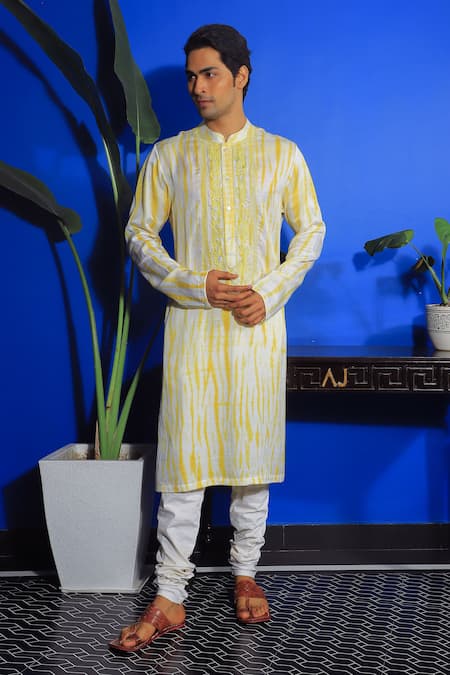Yajy By Aditya Jain Yellow Silk, Cotton Embroidery Tie-dye Kurta And Churidar Set Online at Aza Fashions Yajy By Aditya Jain_Yellow Silk, Cotton Embroidery Tie-dye Kurta And Churidar Set _Online_at_Aza_Fashions
