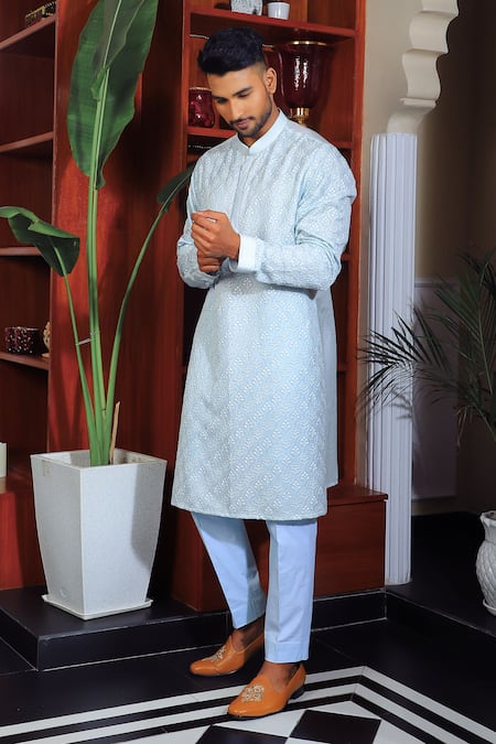 Yajy By Aditya Jain_Blue Silk, Cotton Embroidery Thread Kurta And Trouser Set _Online_at_Aza_Fashions