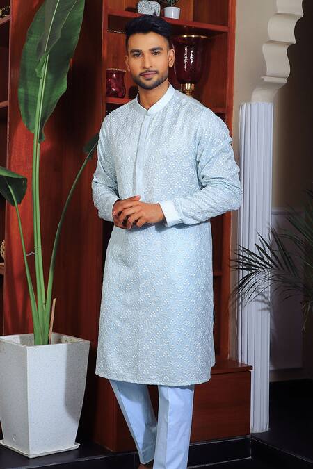 Buy_Yajy By Aditya Jain_Blue Silk, Cotton Embroidery Thread Kurta And Trouser Set _Online_at_Aza_Fashions