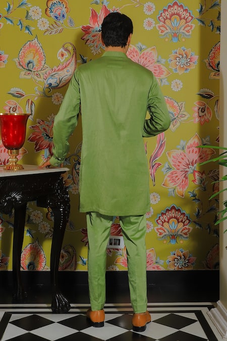Shop Yajy By Aditya Jain Green Silk, Cotton Pleated Kurta And Trouser Set at Aza Fashions Shop_Yajy By Aditya Jain_Green Silk, Cotton Pleated Kurta And Trouser Set _at_Aza_Fashions