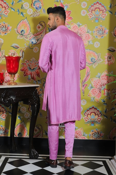 Shop Yajy By Aditya Jain Pink Silk, Cotton Mirrors Embroidered Kurta And Trouser Set at Aza Fashions Shop_Yajy By Aditya Jain_Pink Silk, Cotton Mirrors Embroidered Kurta And Trouser Set _at_Aza_Fashions