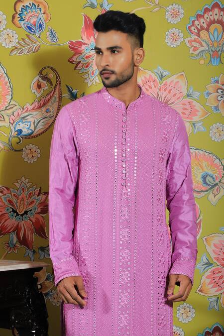 Shop Yajy By Aditya Jain Pink Silk, Cotton Mirrors Embroidered Kurta And Trouser Set Online at Aza Fashions Shop_Yajy By Aditya Jain_Pink Silk, Cotton Mirrors Embroidered Kurta And Trouser Set _Online_at_Aza_Fashions