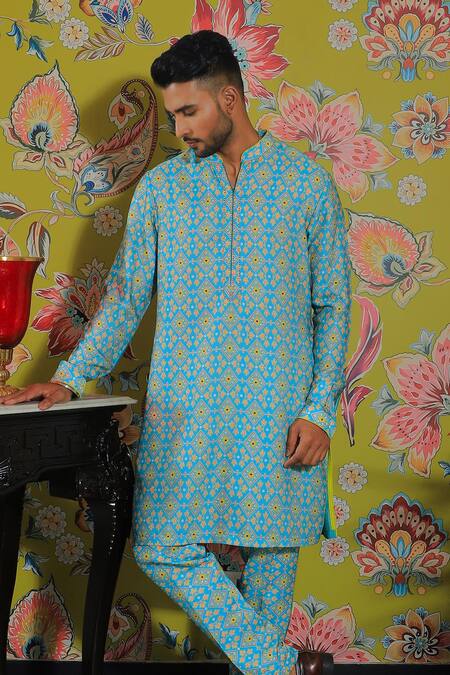 Yajy By Aditya Jain_Blue Silk, Cotton Embroidery Geometric Print Kurta And Pant Set _Online_at_Aza_Fashions
