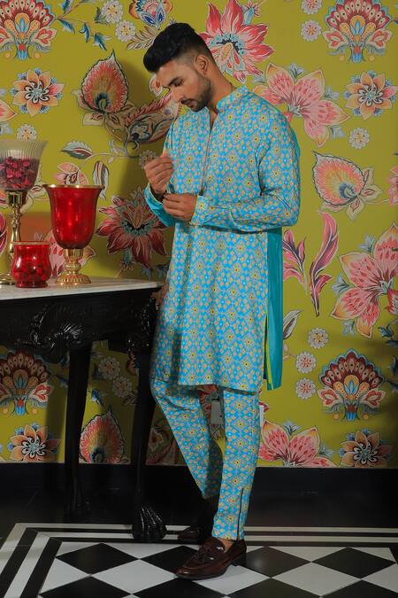 Buy_Yajy By Aditya Jain_Blue Silk, Cotton Embroidery Geometric Print Kurta And Pant Set _Online_at_Aza_Fashions