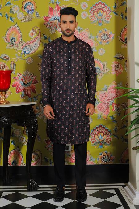 Yajy By Aditya Jain_Black Silk, Cotton Embroidery Floral Print And Pant Set _Online_at_Aza_Fashions