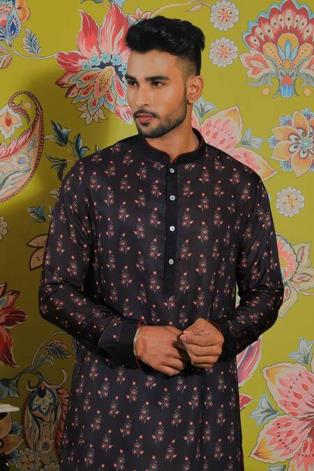 Shop_Yajy By Aditya Jain_Black Silk, Cotton Embroidery Floral Print And Pant Set _Online_at_Aza_Fashions