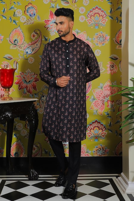 Yajy By Aditya Jain_Black Silk, Cotton Embroidery Floral Print And Pant Set _at_Aza_Fashions