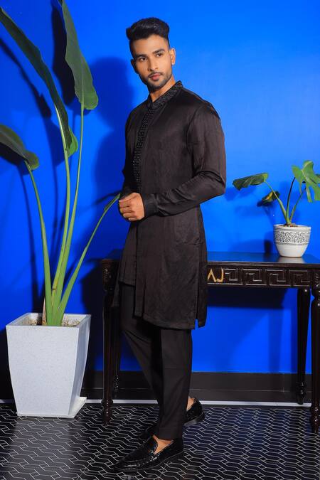 Shop Yajy By Aditya Jain Black Silk, Cotton Cut Work Cutdana And Bead Embroidered Kurta & Pant Set at Aza Fashions Shop_Yajy By Aditya Jain_Black Silk, Cotton Cut Work Cutdana And Bead Embroidered Kurta & Pant Set _at_Aza_Fashions