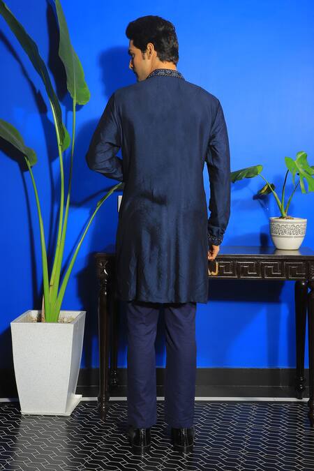 Shop Yajy By Aditya Jain Blue Linen, Cotton Embroidery Front Open Kurta And Trouser Set at Aza Fashions Shop_Yajy By Aditya Jain_Blue Linen, Cotton Embroidery Front Open Kurta And Trouser Set _at_Aza_Fashions