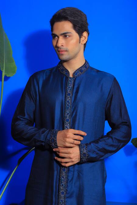 Yajy By Aditya Jain Blue Linen, Cotton Embroidery Front Open Kurta And Trouser Set Online at Aza Fashions Yajy By Aditya Jain_Blue Linen, Cotton Embroidery Front Open Kurta And Trouser Set _Online_at_Aza_Fashions