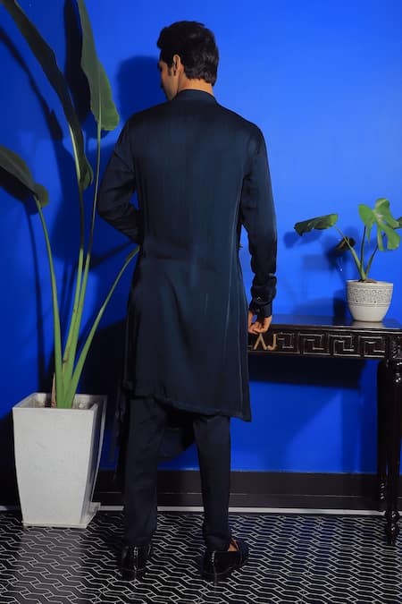 Shop Yajy By Aditya Jain Blue Linen, Satin, Cotton Sequins Embroidered Draped Kurta And Trouser Set at Aza Fashions Shop_Yajy By Aditya Jain_Blue Linen, Satin, Cotton Sequins Embroidered Draped Kurta And Trouser Set _at_Aza_Fashions