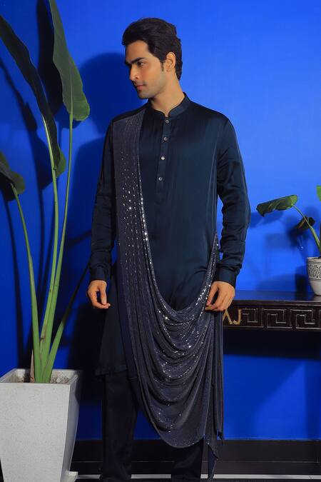 Yajy By Aditya Jain Blue Linen, Satin, Cotton Sequins Embroidered Draped Kurta And Trouser Set Online at Aza Fashions Yajy By Aditya Jain_Blue Linen, Satin, Cotton Sequins Embroidered Draped Kurta And Trouser Set _Online_at_Aza_Fashions