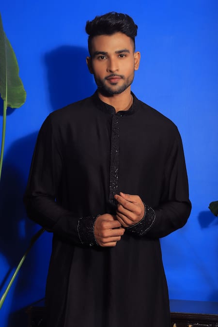 Buy Yajy By Aditya Jain Black Silk, Cotton Embroidery Cutdana Placket Kurta And Trouser Set Online at Aza Fashions Buy_Yajy By Aditya Jain_Black Silk, Cotton Embroidery Cutdana Placket Kurta And Trouser Set _Online_at_Aza_Fashions