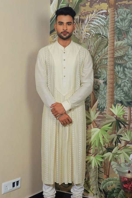 Yajy By Aditya Jain_Beige Silk, Cotton Embroidery Thread Anarkali Churidar Set _Online_at_Aza_Fashions