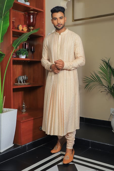 Shop_Yajy By Aditya Jain_Gold Silk, Cotton Embroidery Anarkali And Churidar Set _at_Aza_Fashions