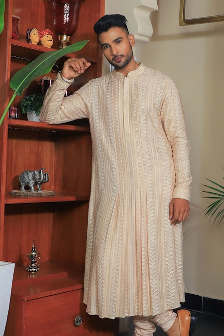 Yajy By Aditya Jain_Gold Silk, Cotton Embroidery Anarkali And Churidar Set _Online_at_Aza_Fashions