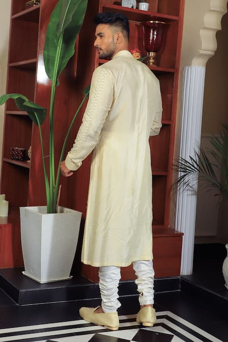 Shop Yajy By Aditya Jain Beige Silk, Cotton Embroidery Straight Kurta And Churidar Set at Aza Fashions Shop_Yajy By Aditya Jain_Beige Silk, Cotton Embroidery Straight Kurta And Churidar Set _at_Aza_Fashions