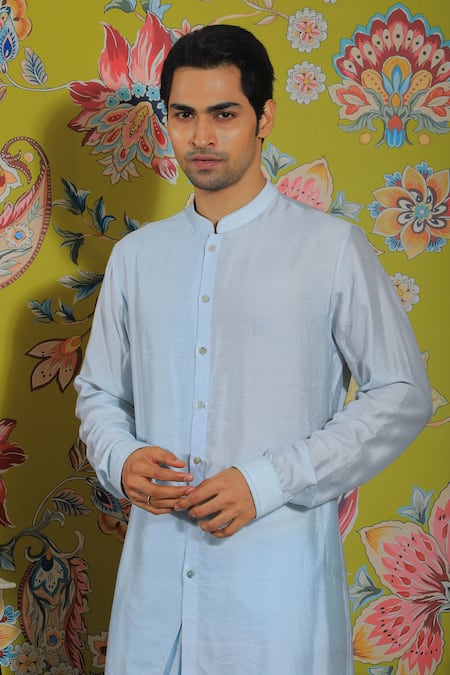 Shop Yajy By Aditya Jain Blue Linen, Cotton Asymmetric Hem Kurta And Trouser Set at Aza Fashions Shop_Yajy By Aditya Jain_Blue Linen, Cotton Asymmetric Hem Kurta And Trouser Set _at_Aza_Fashions