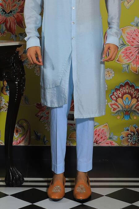 Yajy By Aditya Jain Blue Linen, Cotton Asymmetric Hem Kurta And Trouser Set Online at Aza Fashions Yajy By Aditya Jain_Blue Linen, Cotton Asymmetric Hem Kurta And Trouser Set _Online_at_Aza_Fashions