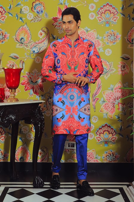 Shop Yajy By Aditya Jain Blue Silk, Cotton Printed Kurta And Trouser Set at Aza Fashions Shop_Yajy By Aditya Jain_Blue Silk, Cotton Printed Kurta And Trouser Set _at_Aza_Fashions