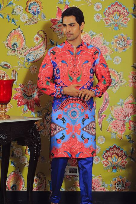 Yajy By Aditya Jain Blue Silk, Cotton Printed Kurta And Trouser Set Online at Aza Fashions Yajy By Aditya Jain_Blue Silk, Cotton Printed Kurta And Trouser Set _Online_at_Aza_Fashions