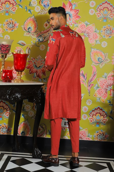 Shop Yajy By Aditya Jain Red Silk, Cotton Embroidery Straight Printed Kurta And Trouser Set at Aza Fashions Shop_Yajy By Aditya Jain_Red Silk, Cotton Embroidery Straight Printed Kurta And Trouser Set _at_Aza_Fashions