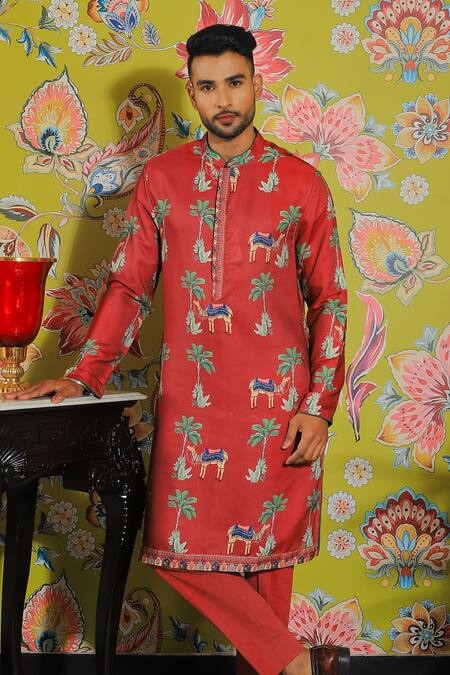 Yajy By Aditya Jain Red Silk, Cotton Embroidery Straight Printed Kurta And Trouser Set Online at Aza Fashions Yajy By Aditya Jain_Red Silk, Cotton Embroidery Straight Printed Kurta And Trouser Set _Online_at_Aza_Fashions