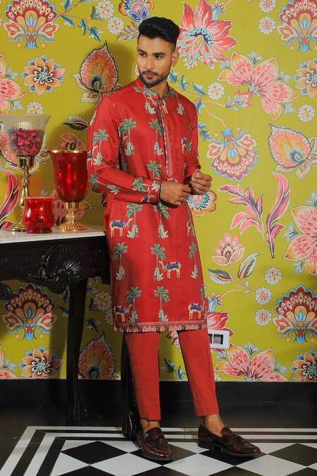 Buy Yajy By Aditya Jain Red Silk, Cotton Embroidery Straight Printed Kurta And Trouser Set Online at Aza Fashions Buy_Yajy By Aditya Jain_Red Silk, Cotton Embroidery Straight Printed Kurta And Trouser Set _Online_at_Aza_Fashions