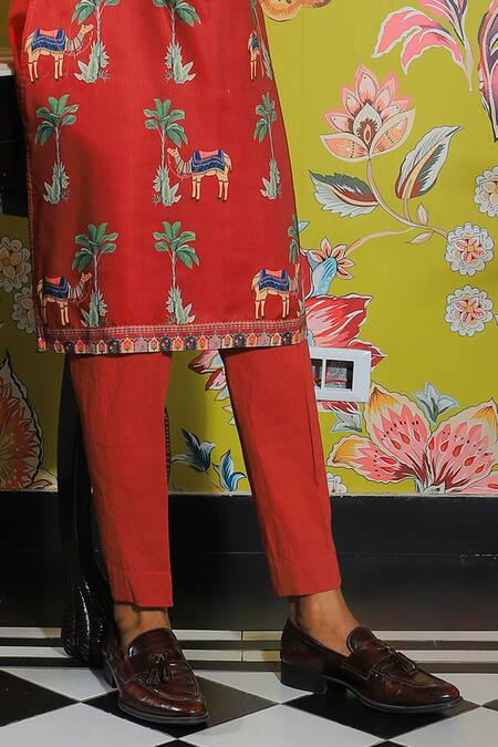 Shop Yajy By Aditya Jain Red Silk, Cotton Embroidery Straight Printed Kurta And Trouser Set Online at Aza Fashions Shop_Yajy By Aditya Jain_Red Silk, Cotton Embroidery Straight Printed Kurta And Trouser Set _Online_at_Aza_Fashions