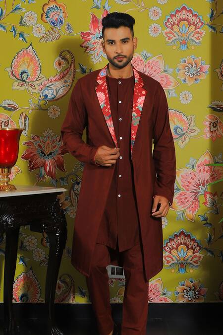 Yajy By Aditya Jain_Wine Silk, Cotton Double Layered Kurta And Trouser Set _Online_at_Aza_Fashions