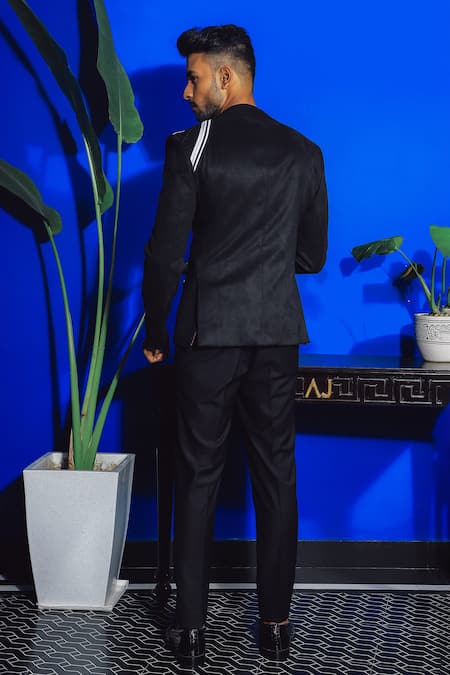 Shop Yajy By Aditya Jain Black Suede Applique Swipe Wave Bandhgala With Trouser at Aza Fashions Shop_Yajy By Aditya Jain_Black Suede Applique Swipe Wave Bandhgala With Trouser _at_Aza_Fashions