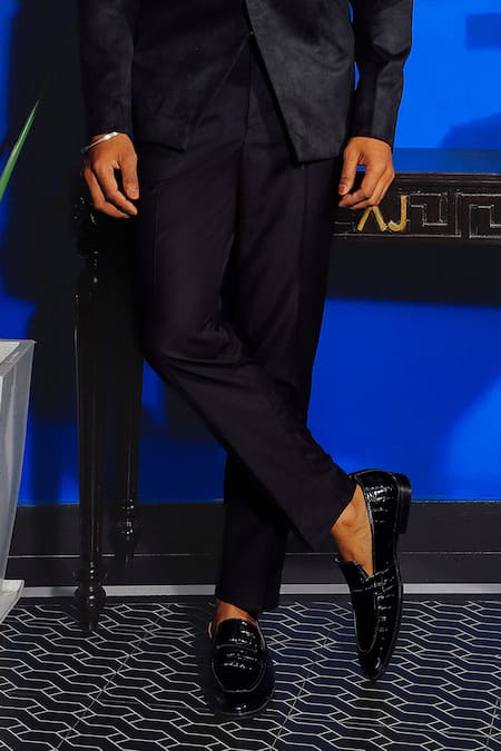 Yajy By Aditya Jain Black Suede Applique Swipe Wave Bandhgala With Trouser Online at Aza Fashions Yajy By Aditya Jain_Black Suede Applique Swipe Wave Bandhgala With Trouser _Online_at_Aza_Fashions