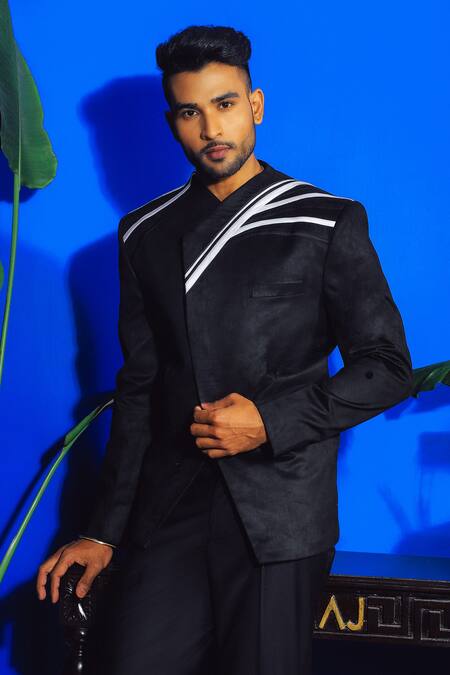 Buy Yajy By Aditya Jain Black Suede Applique Swipe Wave Bandhgala With Trouser Online at Aza Fashions Buy_Yajy By Aditya Jain_Black Suede Applique Swipe Wave Bandhgala With Trouser _Online_at_Aza_Fashions