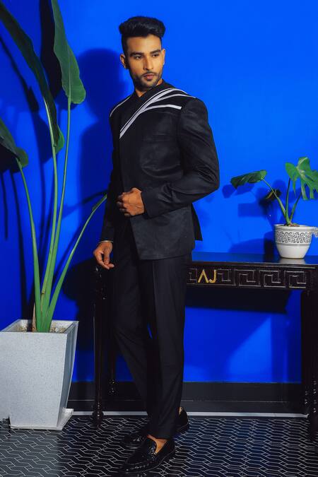 Shop Yajy By Aditya Jain Black Suede Applique Swipe Wave Bandhgala With Trouser Online at Aza Fashions Shop_Yajy By Aditya Jain_Black Suede Applique Swipe Wave Bandhgala With Trouser _Online_at_Aza_Fashions