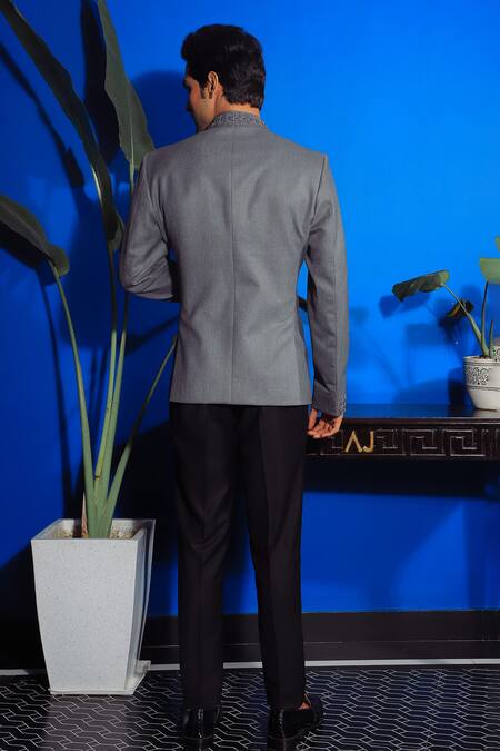 Shop Yajy By Aditya Jain Grey Cotton Sequins Curved Hem Bandhgala With Trouser at Aza Fashions Shop_Yajy By Aditya Jain_Grey Cotton Sequins Curved Hem Bandhgala With Trouser _at_Aza_Fashions