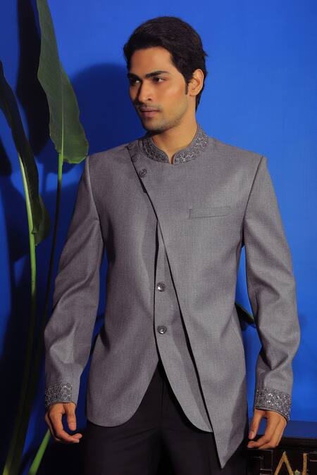 Buy Yajy By Aditya Jain Grey Cotton Sequins Curved Hem Bandhgala With Trouser Online at Aza Fashions Buy_Yajy By Aditya Jain_Grey Cotton Sequins Curved Hem Bandhgala With Trouser _Online_at_Aza_Fashions