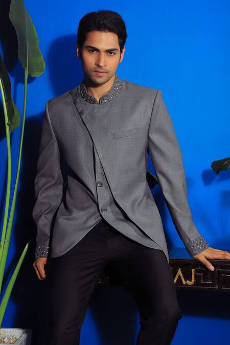 Shop Yajy By Aditya Jain Grey Cotton Sequins Curved Hem Bandhgala With Trouser Online at Aza Fashions Shop_Yajy By Aditya Jain_Grey Cotton Sequins Curved Hem Bandhgala With Trouser _Online_at_Aza_Fashions