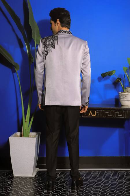 Shop Yajy By Aditya Jain Grey Suede, Silk Beads Floral Maze Embroidered Bandhgala With Trouser at Aza Fashions Shop_Yajy By Aditya Jain_Grey Suede, Silk Beads Floral Maze Embroidered Bandhgala With Trouser _at_Aza_Fashions