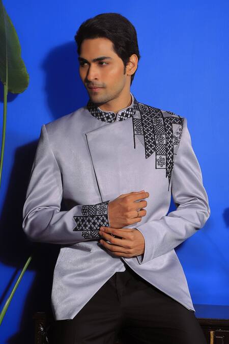 Yajy By Aditya Jain Grey Suede, Silk Beads Floral Maze Embroidered Bandhgala With Trouser Online at Aza Fashions Yajy By Aditya Jain_Grey Suede, Silk Beads Floral Maze Embroidered Bandhgala With Trouser _Online_at_Aza_Fashions