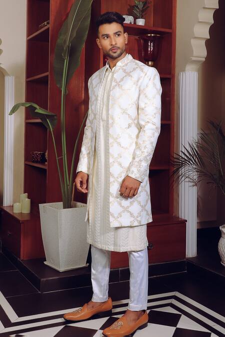 Yajy By Aditya Jain_Off White Silk, Brocade, Cotton Embroidery Bloom Garden Jacket Kurta Set _Online_at_Aza_Fashions