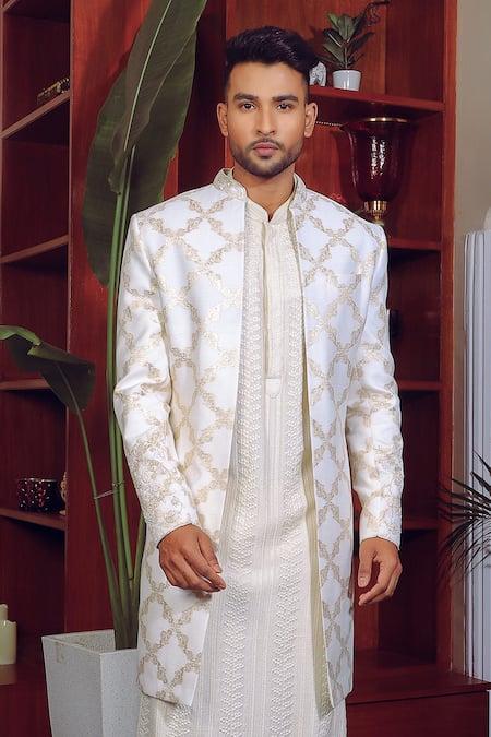Shop_Yajy By Aditya Jain_Off White Silk, Brocade, Cotton Embroidery Bloom Garden Jacket Kurta Set _Online_at_Aza_Fashions