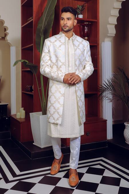 Yajy By Aditya Jain_Off White Silk, Brocade, Cotton Embroidery Bloom Garden Jacket Kurta Set _at_Aza_Fashions
