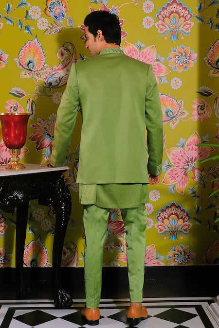 Shop Yajy By Aditya Jain Green Linen, Satin, Cotton Mirrors Gardenia Embroidered Jacket Kurta Set at Aza Fashions Shop_Yajy By Aditya Jain_Green Linen, Satin, Cotton Mirrors Gardenia Embroidered Jacket Kurta Set _at_Aza_Fashions
