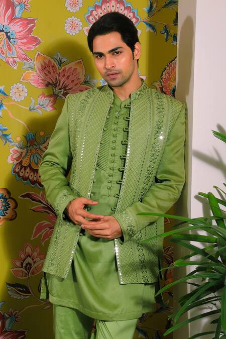 Yajy By Aditya Jain Green Linen, Satin, Cotton Mirrors Gardenia Embroidered Jacket Kurta Set Online at Aza Fashions Yajy By Aditya Jain_Green Linen, Satin, Cotton Mirrors Gardenia Embroidered Jacket Kurta Set _Online_at_Aza_Fashions