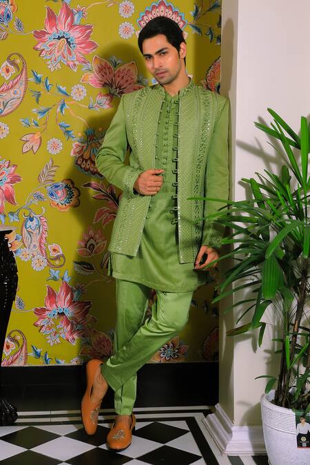 Buy Yajy By Aditya Jain Green Linen, Satin, Cotton Mirrors Gardenia Embroidered Jacket Kurta Set Online at Aza Fashions Buy_Yajy By Aditya Jain_Green Linen, Satin, Cotton Mirrors Gardenia Embroidered Jacket Kurta Set _Online_at_Aza_Fashions