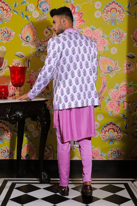 Shop Yajy By Aditya Jain White Silk, Linen, Cotton Embroidery Petunia Garden Print Jacket Kurta Set at Aza Fashions Shop_Yajy By Aditya Jain_White Silk, Linen, Cotton Embroidery Petunia Garden Print Jacket Kurta Set _at_Aza_Fashions