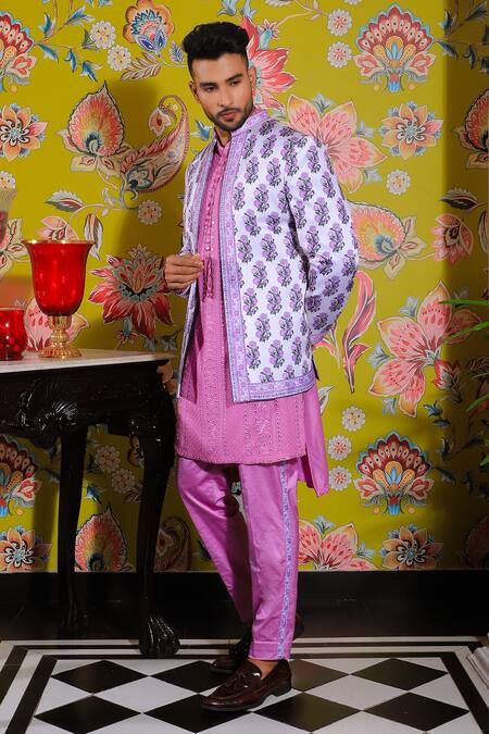 Buy Yajy By Aditya Jain White Silk, Linen, Cotton Embroidery Petunia Garden Print Jacket Kurta Set Online at Aza Fashions Buy_Yajy By Aditya Jain_White Silk, Linen, Cotton Embroidery Petunia Garden Print Jacket Kurta Set _Online_at_Aza_Fashions